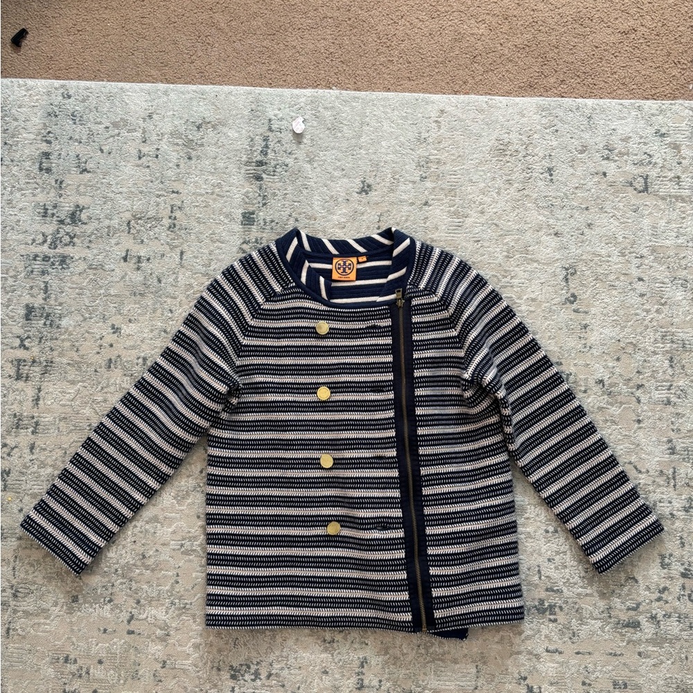 Tory Burch Navy and Cream Striped Knit Top